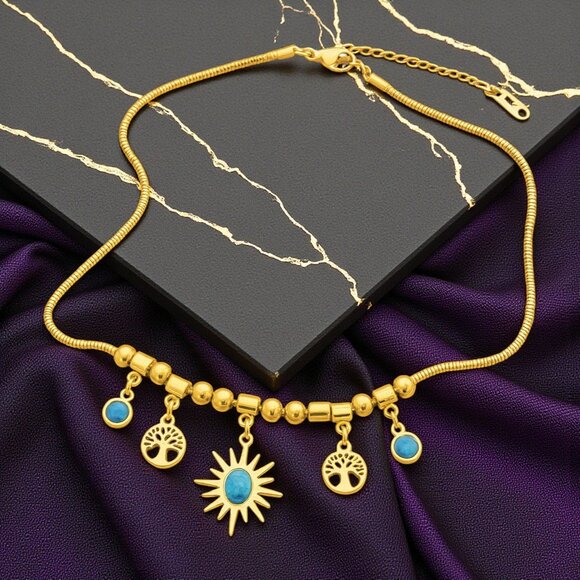 π18K Gold Plated Stainless Steel Turquoise Necklace Sun Tree Of Life Charms - Picture 5 of 11